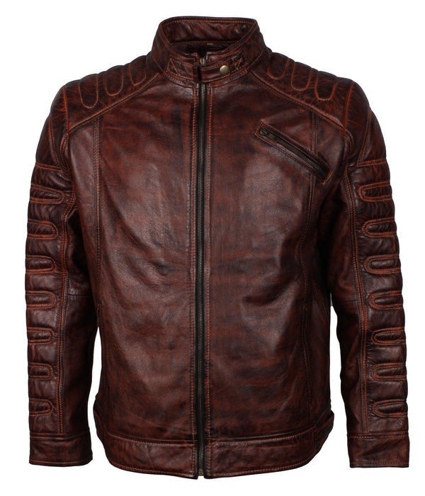 Dark Brown Padded Waxed Genuine Leather Biker Jacket