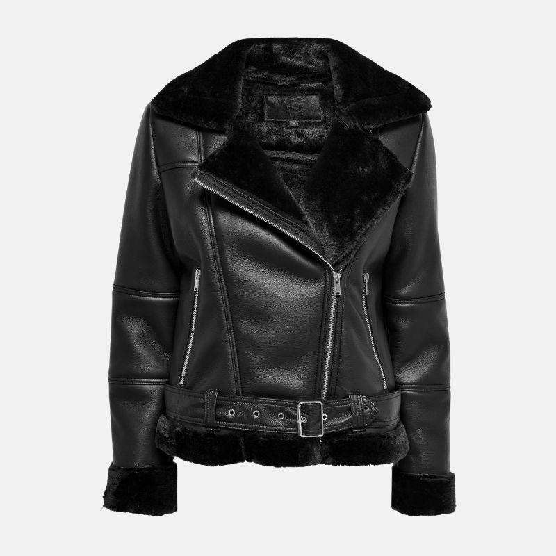 Womens Motorcycle Black Shearling Leather Jacket