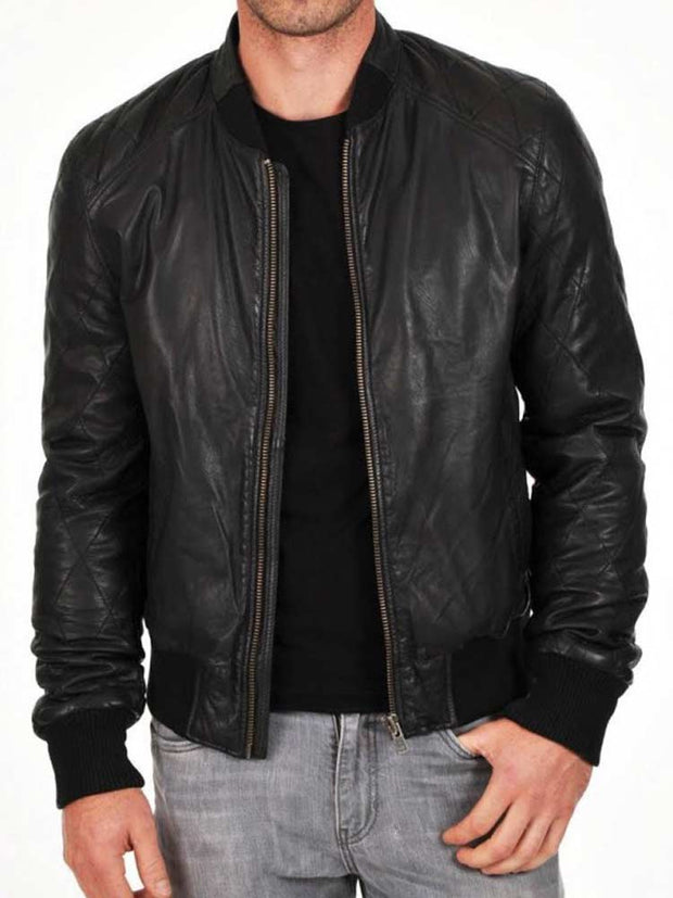 Mens Black Leather Bomber Jacket